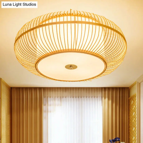 Asian Beige Ceiling Mounted Flush Light With Bamboo Shade - 1 Head Bedroom Fixture
