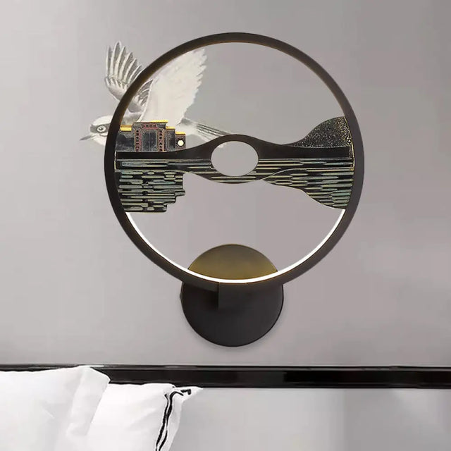 Asian-Inspired Lake Reflection Resin Led Wall Light Sconce For Guest Room Black