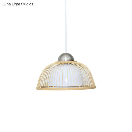 Asian Style Bamboo Ceiling Light: Hemispherical 1 Bulb Wood Hanging Lamp For Restaurants