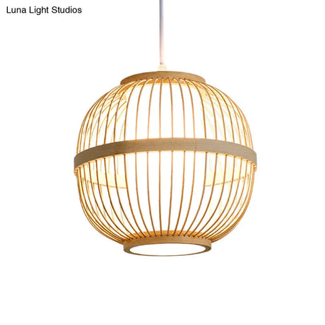Asian Style Bamboo Lantern Tea Room Ceiling Light Fixture - Wood Hanging With 1-Bulb