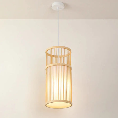 Asian Style Bamboo Pendant With Diamond Drum And Barrel Drops - 1-Light Hanging Light Kit For