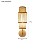 Asian Style Bamboo Wall Lamp Cylinder Fixture Single Bulb Wood Lighting With Curved Arm Ideal For
