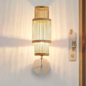 Asian Style Bamboo Wall Lamp Cylinder Fixture Single Bulb Wood Lighting With Curved Arm Ideal For
