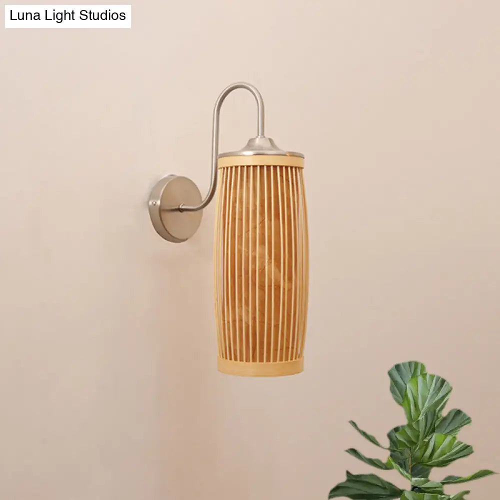 Asian Style Cylinder Bamboo And Metal Wall Lamp With Gooseneck Arm - 1 Bulb Beige Shade