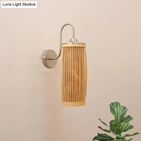Asian Style Cylinder Bamboo And Metal Wall Lamp With Gooseneck Arm - 1 Bulb Beige Shade
