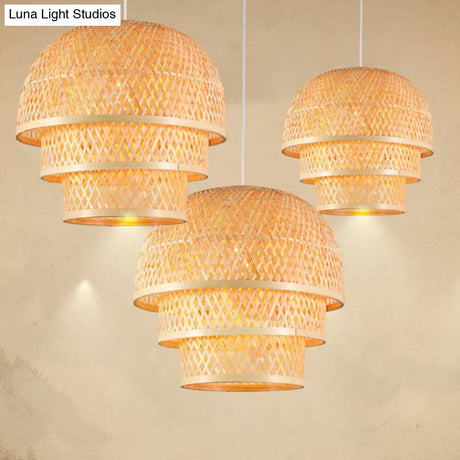 Asian Wood Pendant Lamp With Bamboo Shade For Restaurant Down Lighting