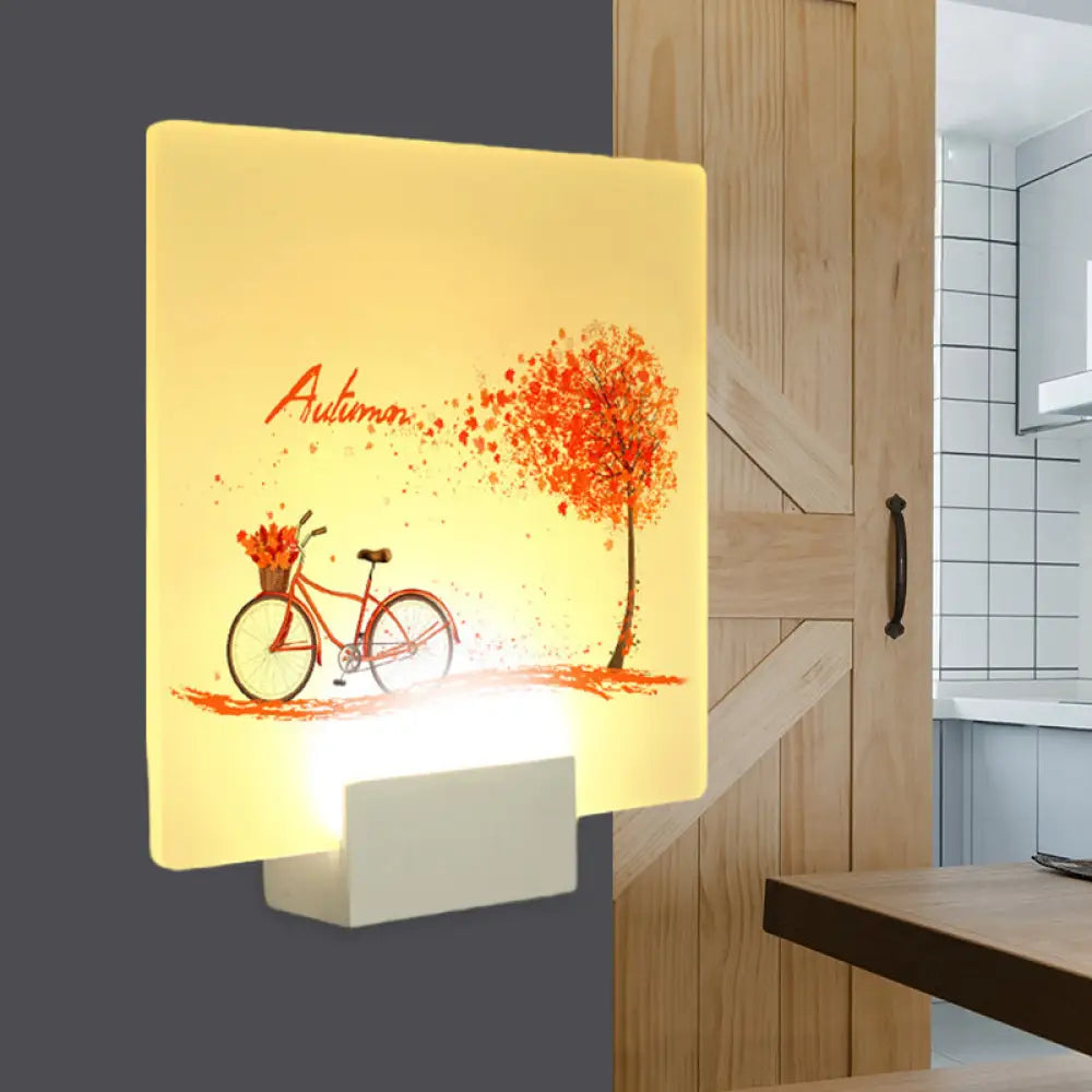 Autumn Tree And Bicycle Led Acrylic Wall Lamp Chinese Inspired Square Design White