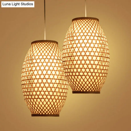 Bamboo Asian Hanging Lamp: Oval Restaurant Suspension Light In Beige