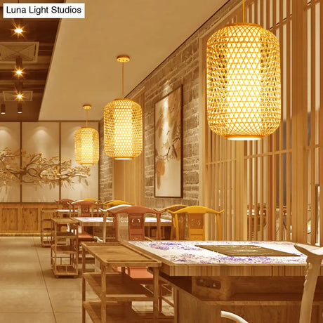 Bamboo Asian Lantern Pendant Light - Single Head Ceiling Drop For Restaurant & Dining Room Decor