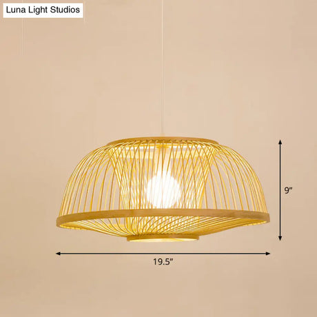 Bamboo Cage Pendant Light For Tearoom - Chinese Style 1 Bulb Beige