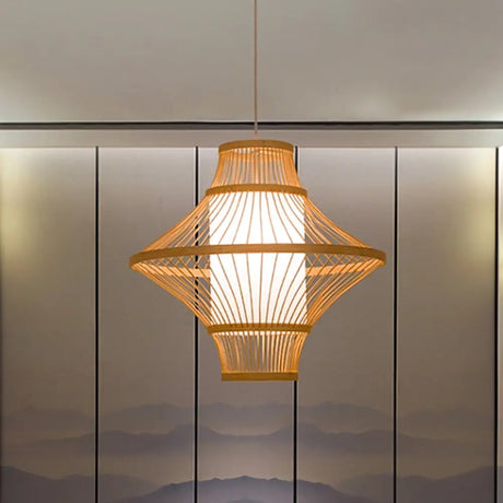 Bamboo Ceiling Light: Asian Inspired Wood Fixture With Suspended Cylinder Shade