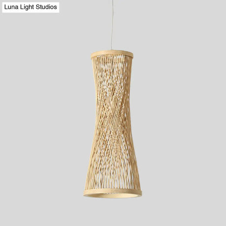 Bamboo Curved Pendant Light - 1 Beige Fixture For Dining Room