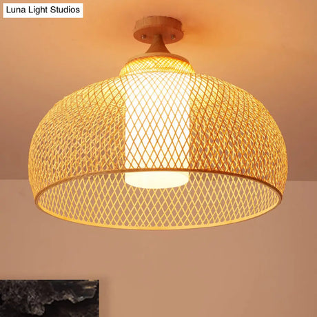 Bamboo Domed Semi Flush Light: Asian 1 - Bulb Wood Ceiling Fixture Cylinder White Shade