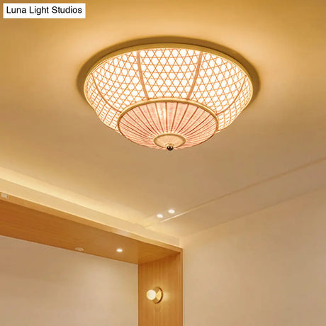 Bamboo Flush Dome Light: Chinese Style Beige Ceiling Fixture (3 Bulbs) - Ideal For Living Room