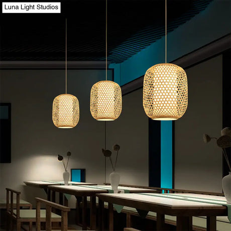 Bamboo Hanging Lantern For Restaurants - Asian Style Oval Design 1-Bulb Beige Ceiling Suspension