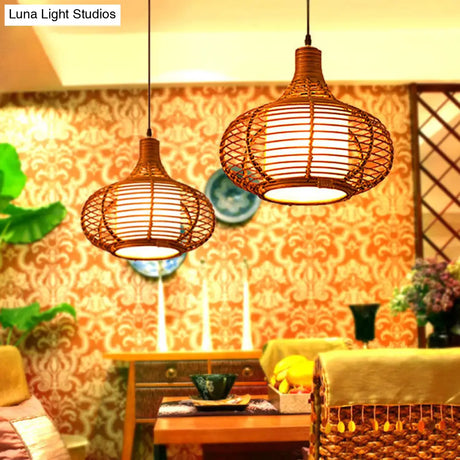 Bamboo Jar Pendant Light Kit With Inner Cylindrical Shade - Retro Style Brown 1 Bulb