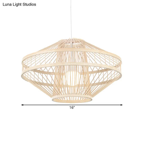 Bamboo Modernist Style Ceiling Fixture - Flying Saucer Design 16/19.5 Width 1-Bulb Wood Pendant Lamp