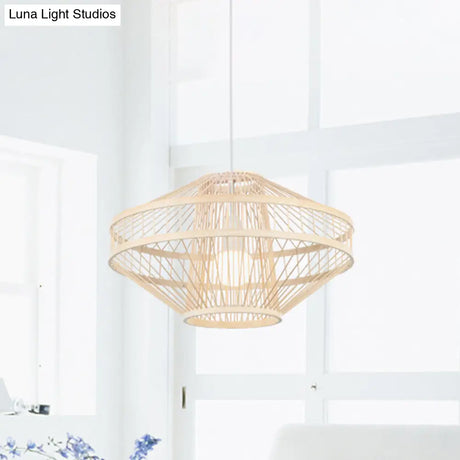 Bamboo Modernist Style Ceiling Fixture - Flying Saucer Design 16/19.5 Width 1-Bulb Wood Pendant Lamp
