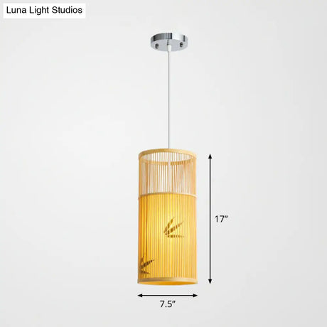 Bamboo Pendant Ceiling Light With Wood Cylindrical Pendulum - Asian Style Single Bulb Ideal For