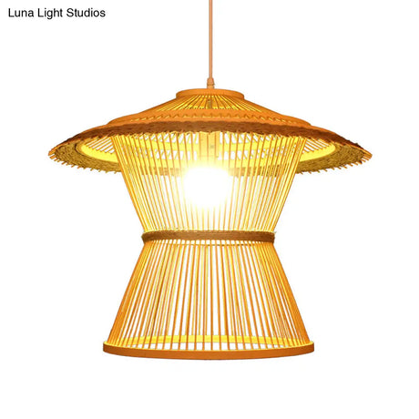 Bamboo Pendant Light - Wide Flare Ceiling Lamp With 1 Bulb In Beige