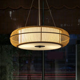 Bamboo Tea Room Chandelier - Curved Drum Suspension Light With South-East Asian Influence