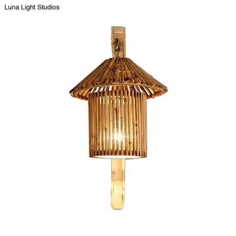 Bamboo Wall Lamp: Wood Cylinder/House/Teapot Sconce Light Fixture With Curved Arm