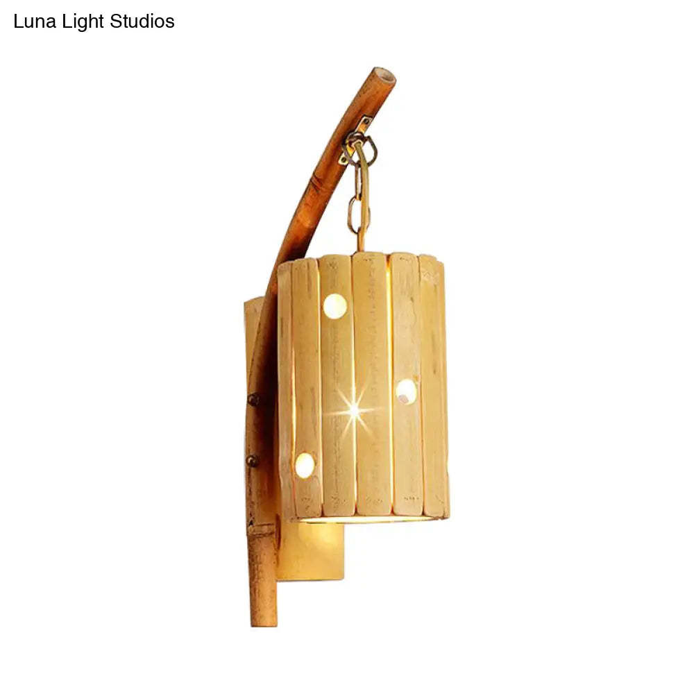 Bamboo Wall Lamp: Wood Cylinder/House/Teapot Sconce Light Fixture With Curved Arm