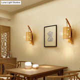 Bamboo Wall Lamp: Wood Cylinder/House/Teapot Sconce Light Fixture With Curved Arm