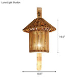 Bamboo Wall Lamp: Wood Cylinder/House/Teapot Sconce Light Fixture With Curved Arm
