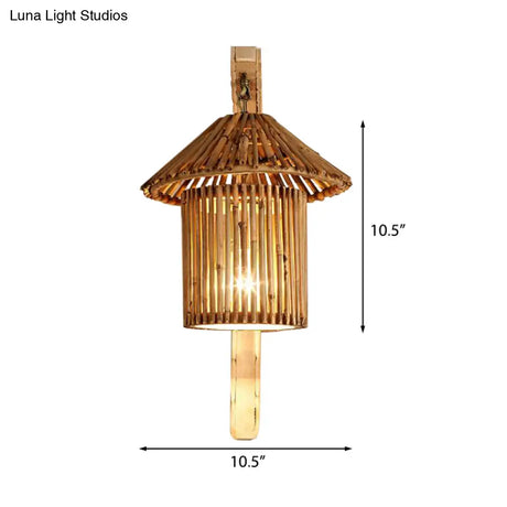 Bamboo Wall Lamp: Wood Cylinder/House/Teapot Sconce Light Fixture With Curved Arm