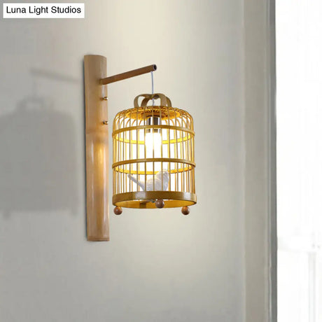 Bamboo Wall Mount Sconce Lamp With Asian Flair - Wood Cage Design 1 Bulb White Bird Deco