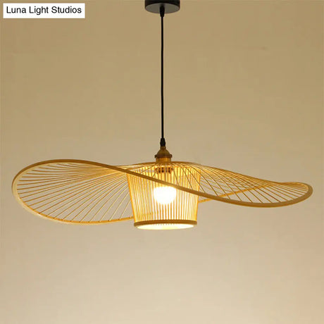 Bamboo Weaving Drum Shade Hanging Light With Fishermans Hat Design - Perfect For Dining Room