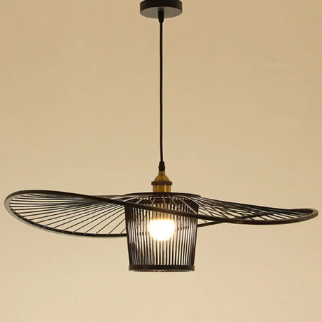 Bamboo Weaving Drum Shade Hanging Light With Fishermans Hat Design - Perfect For Dining Room Black /
