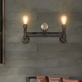 Bare Bulb 2-Head Wall Mount Sconce With Antiqued Iron Bronze Finish And Gauge Deco Lighting
