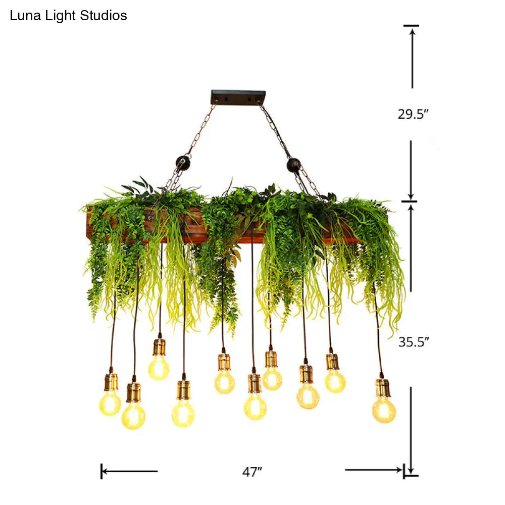 Bare Bulb Industrial Hanging Light With Faux Green Fern Deco - Set Of 10 Bulbs