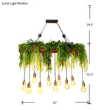 Bare Bulb Industrial Hanging Light With Faux Green Fern Deco - Set Of 10 Bulbs