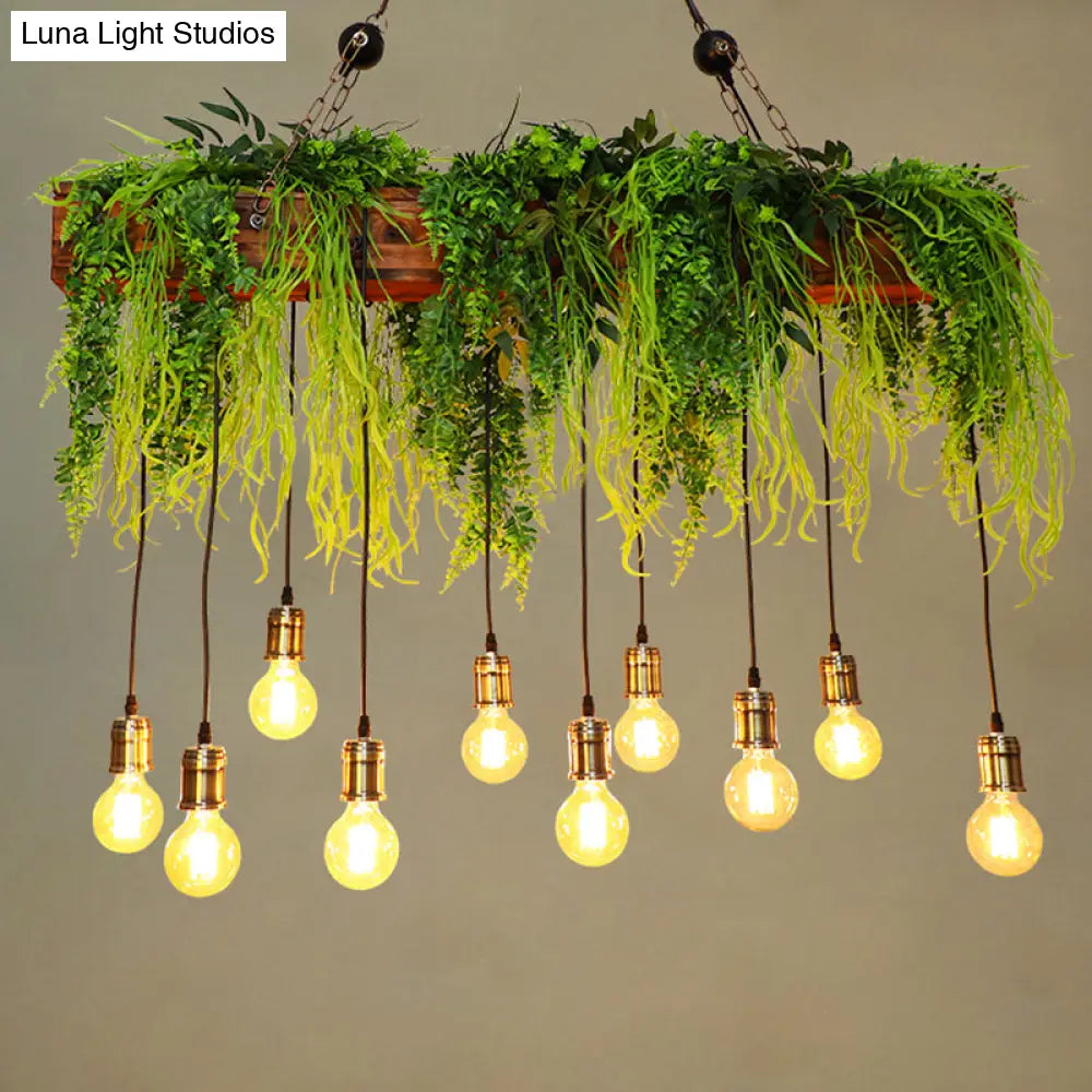 Bare Bulb Industrial Hanging Light With Faux Green Fern Deco - Set Of 10 Bulbs