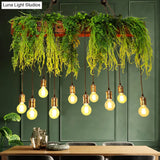 Bare Bulb Industrial Hanging Light With Faux Green Fern Deco - Set Of 10 Bulbs