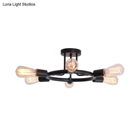 Bare Bulb Mid Century Metallic Semi Flush Ceiling Light - 6 Heads Brass/Black Finish