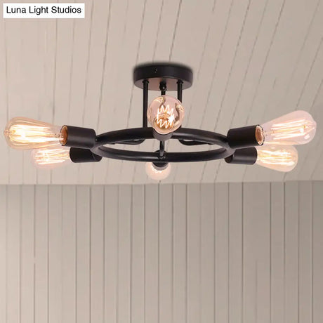 Bare Bulb Mid Century Metallic Semi Flush Ceiling Light - 6 Heads Brass/Black Finish