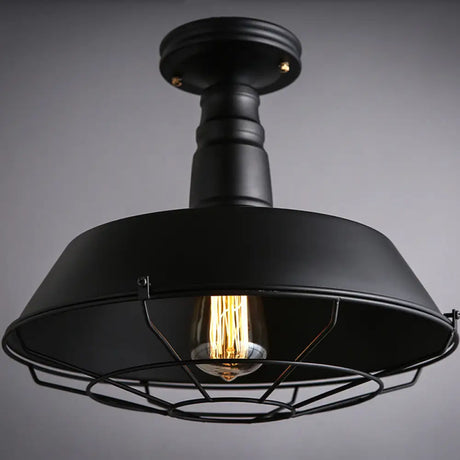 Barn Semi Flush Industrial Black Metal Cage Light Fixture - 10’/14’ Wide / 14’