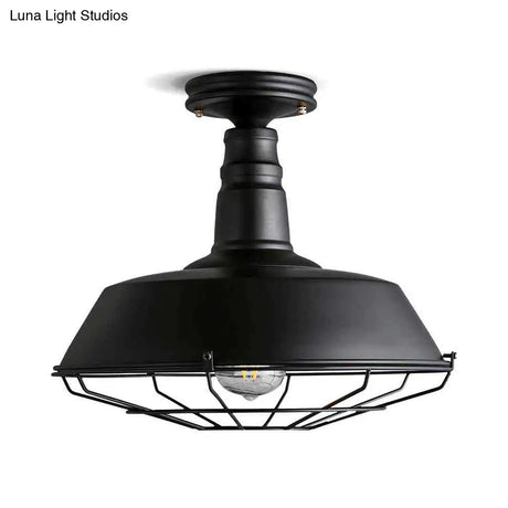 Barn Semi Flush Industrial Black Metal Cage Light Fixture - 10’/14’ Wide