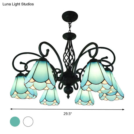 Baroque Black Cone Chandelier With 5/6/8 White/Blue Glass Drop Lights For Living Room