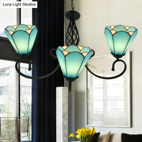 Baroque Black Cone Chandelier With 5/6/8 White/Blue Glass Drop Lights For Living Room