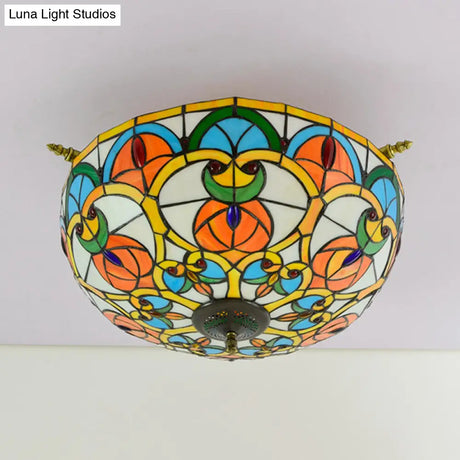 Baroque Brass Jewel Ceiling Lamp - 5 Multicolored Stained Glass Bulbs (21.5’/25.5’) Semi Flush