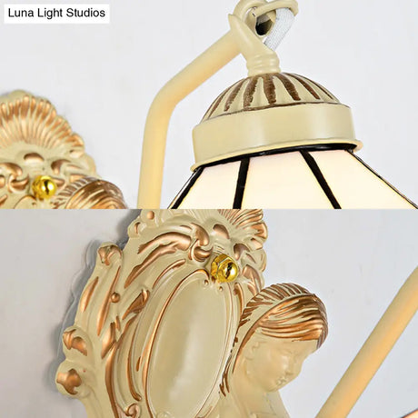 Baroque Dome/Cone Beige Glass Wall Sconce - Elegant Leaf/Gem/Flower Pattern 1-Light Mount Light