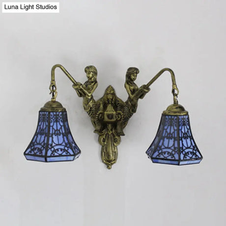 Baroque Glass Sconce Light With Mermaid Decor - 2 Head Wall Fixture In White/Blue/Purple