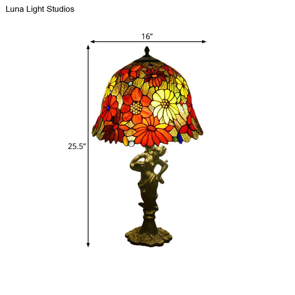 Baroque Gold Stained Glass Flower Patterned Night Lighting Lamp With Elegant Bell/Scalloped Design