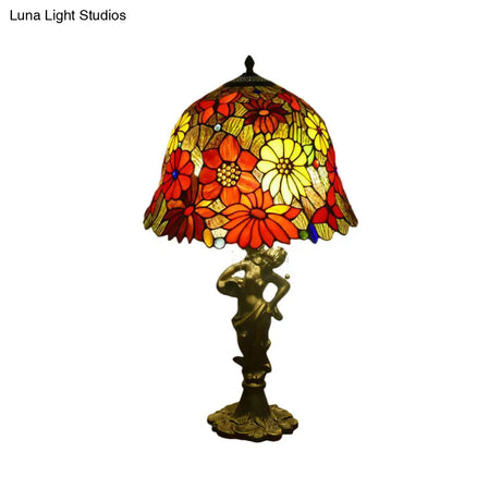Baroque Gold Stained Glass Flower Patterned Night Lighting Lamp With Elegant Bell/Scalloped Design