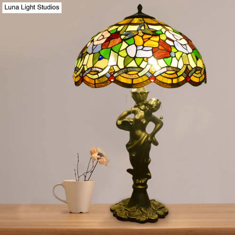 Baroque Gold Stained Glass Flower Patterned Night Lighting Lamp With Elegant Bell/Scalloped Design